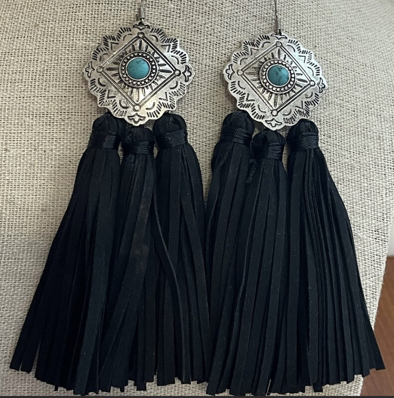 Leather Black and Turquoise Fringe Earrings