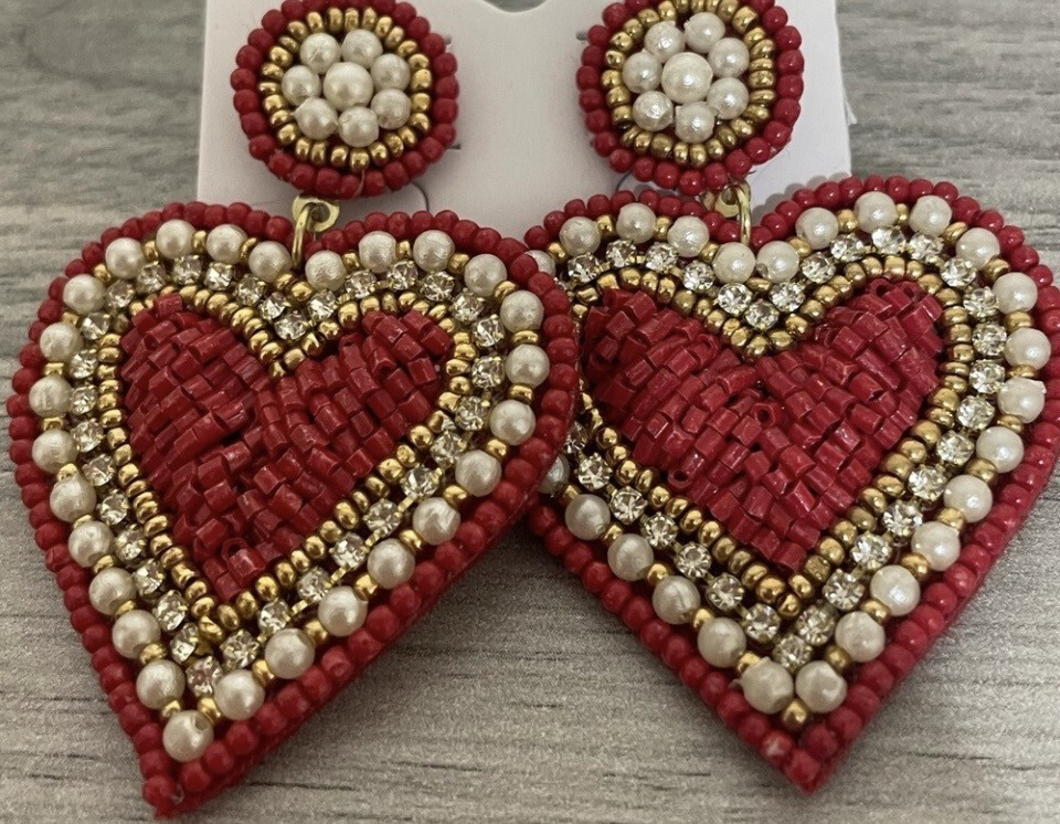 Beaded Crystal Pearl Heart Earrings