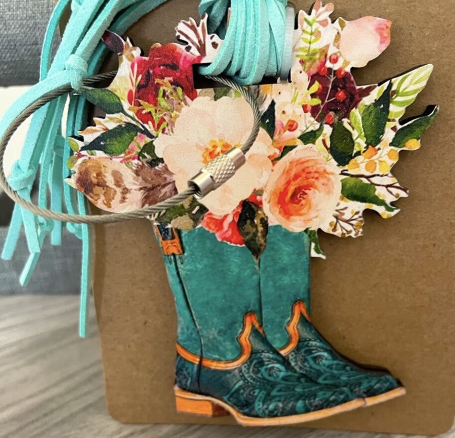 Caroline Boots and Flowers Wood Luggage Tag
