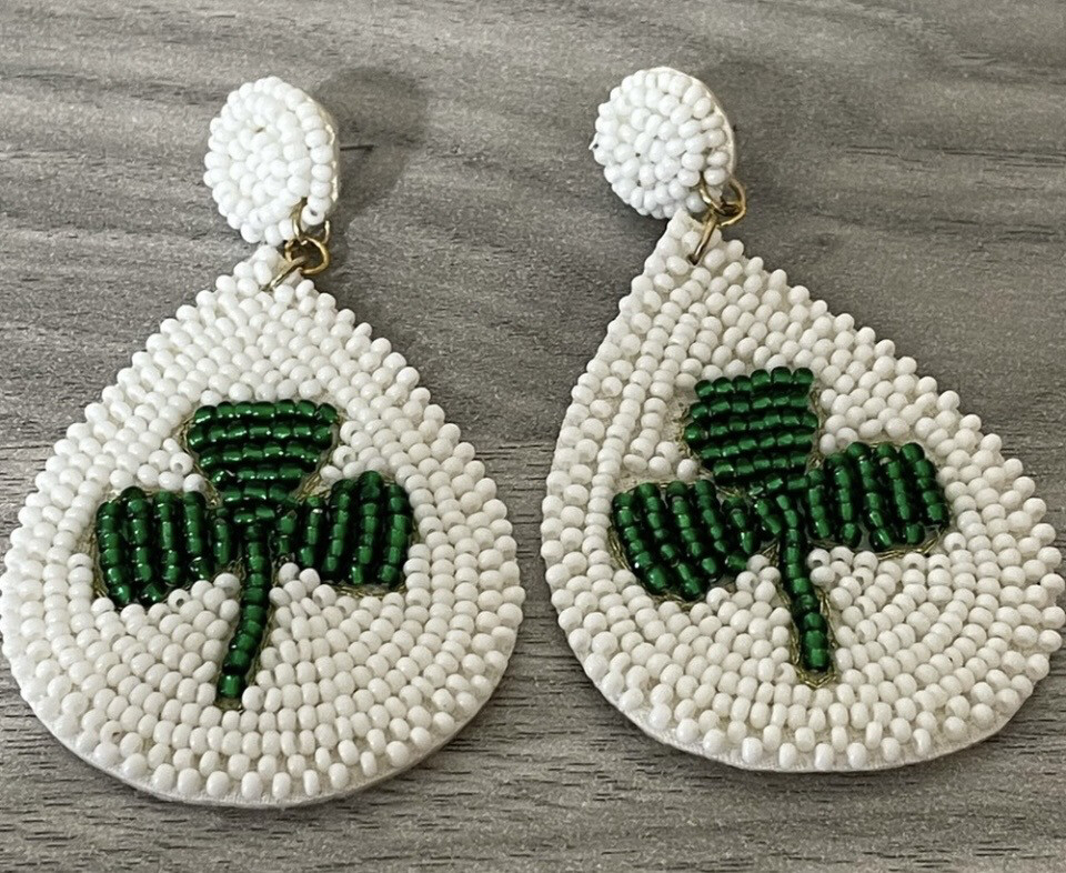 St Patty’s Day Shamrock Teardrop Beaded Earrings