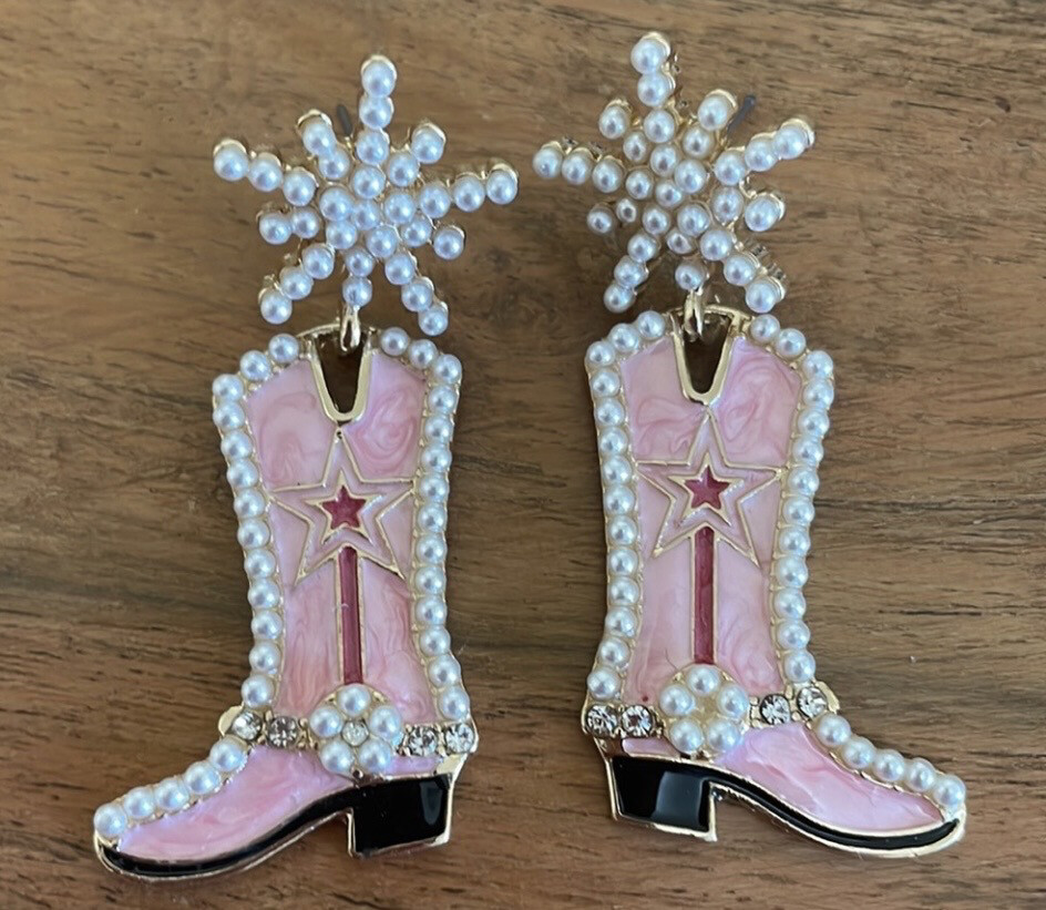 Elise Pink Pearl Cowgirl Boot Earrings
