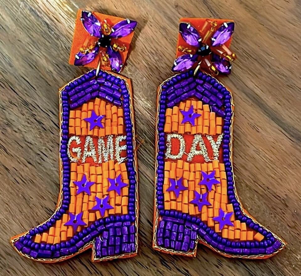 Purple and Orange Game Day Beaded Boot Earrings Clemson