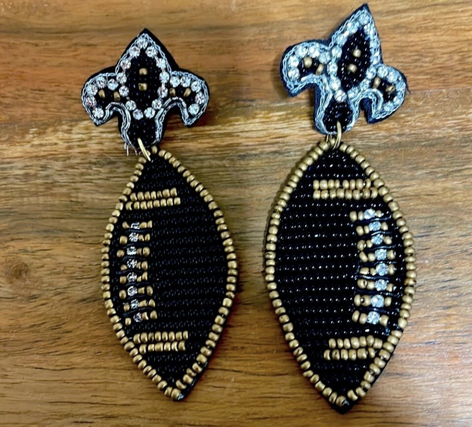 Black and Gold Beaded Football Earrings Crystal Fleur De Lis Game Days