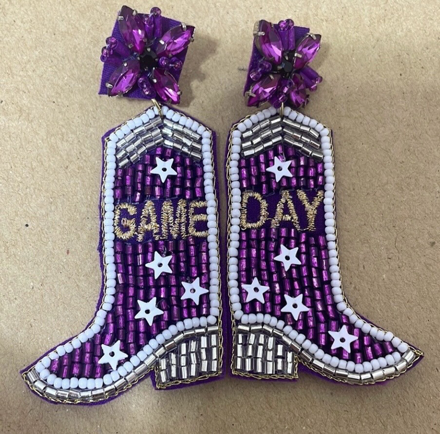 Purple Beaded Game Day Boot Earrings