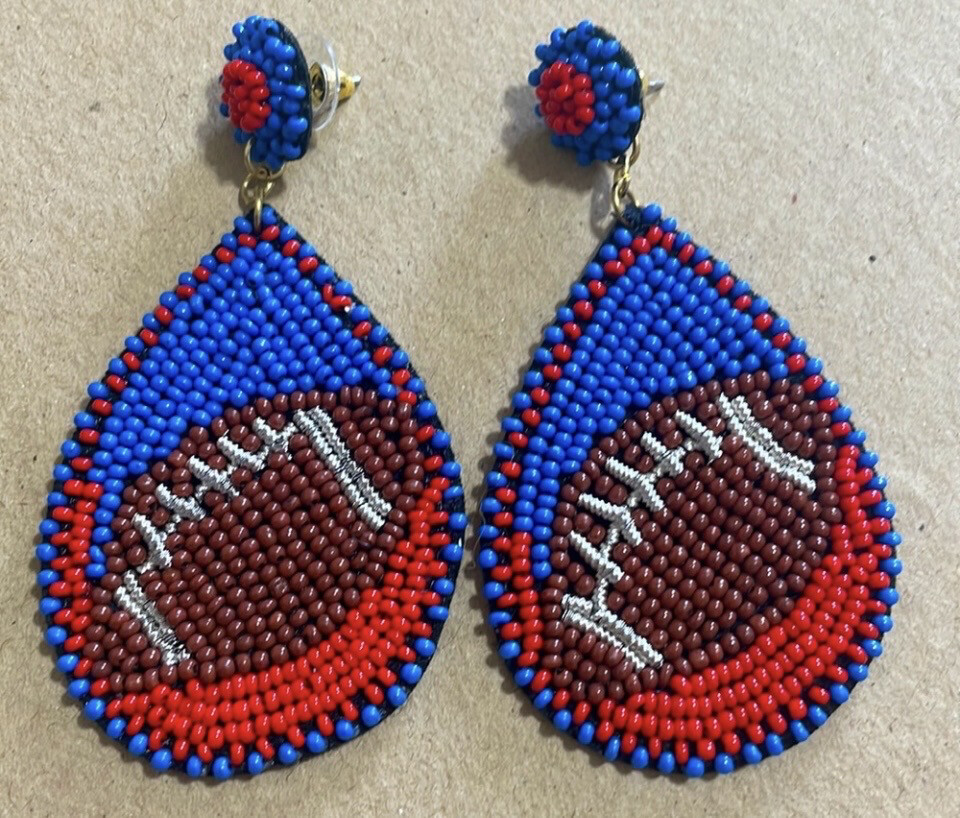 Madeline Red Blue Beaded Football Teardrop Earrings