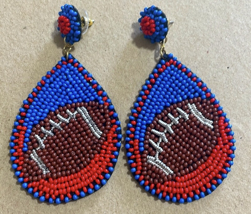 Madeline Red Blue Beaded Football Teardrop Earrings