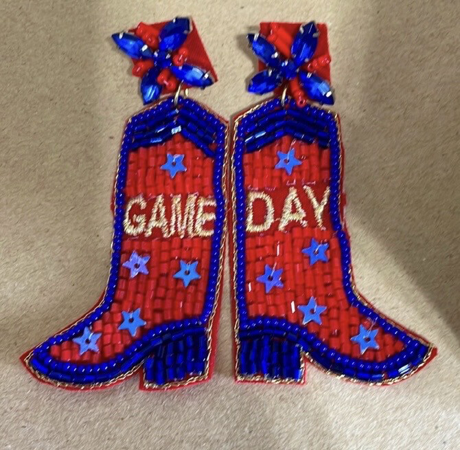 Red Blue Beaded Boot Game Day Earrings