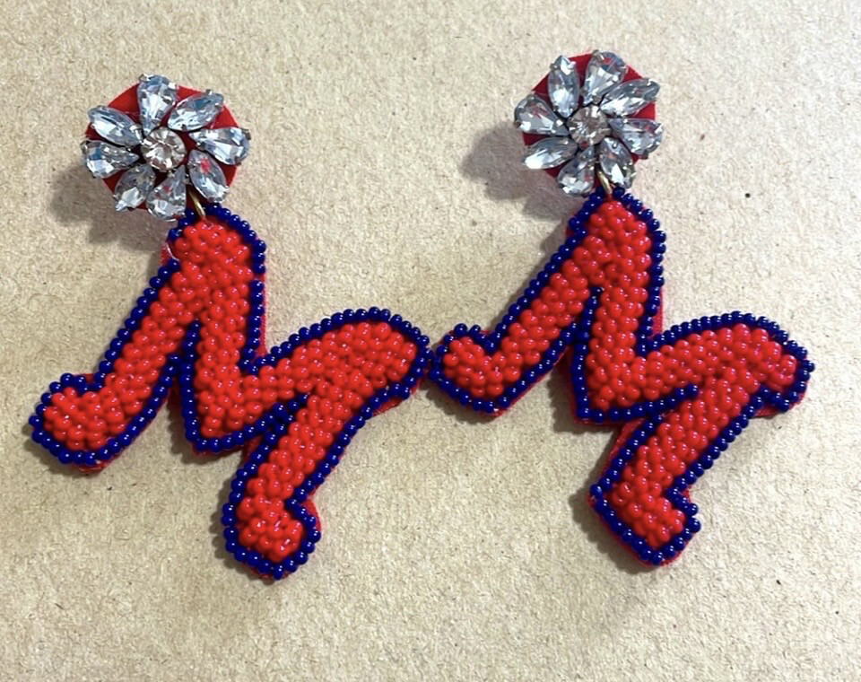 Alexis Red Blue Beaded Crystal Game Day Earrings Ole Miss