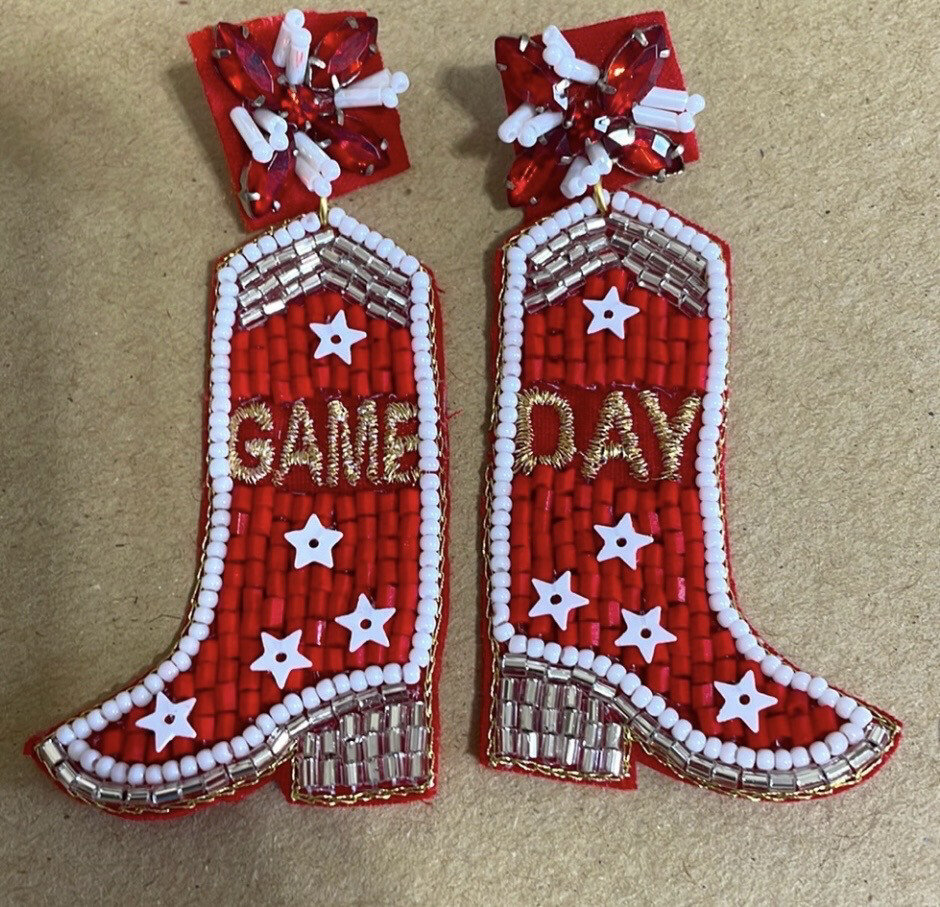 Red White Beaded Boot Game Day Earrings