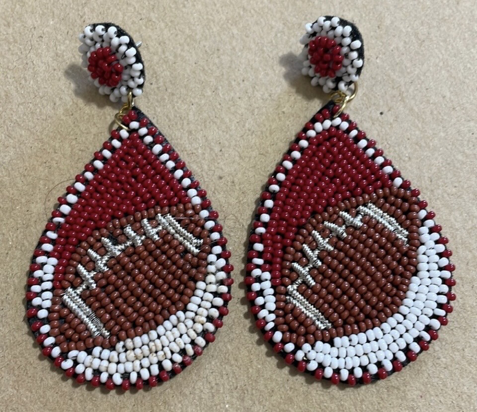 Madeline Burgundy and White Beaded Football Teardrop Earrings