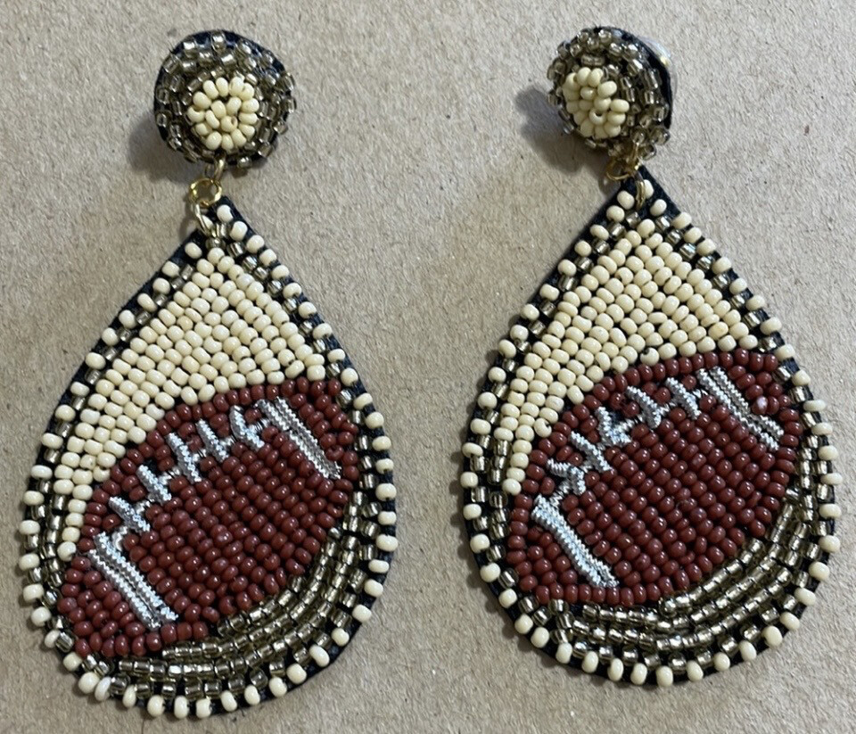 Madeline Beige and White Football Beaded Teardrop Earrings