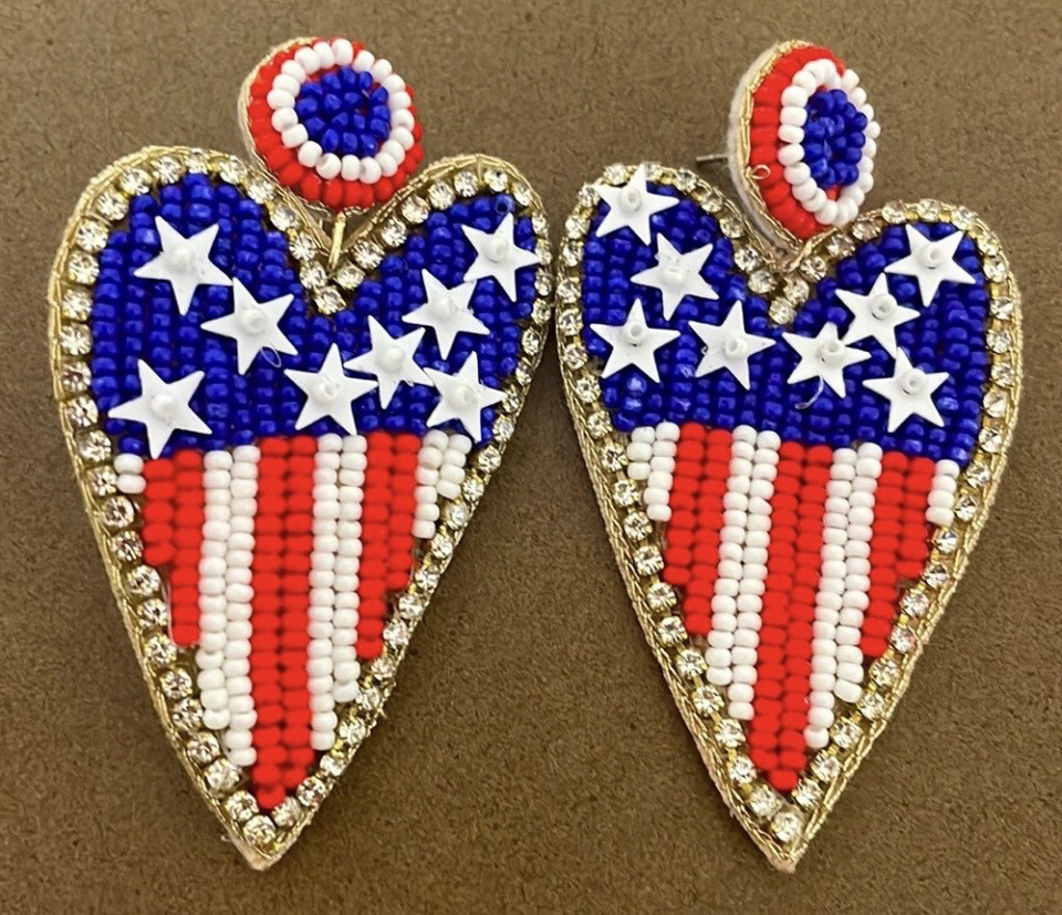 Patriotic Red White Blue Beaded Rhinestone Earrrings