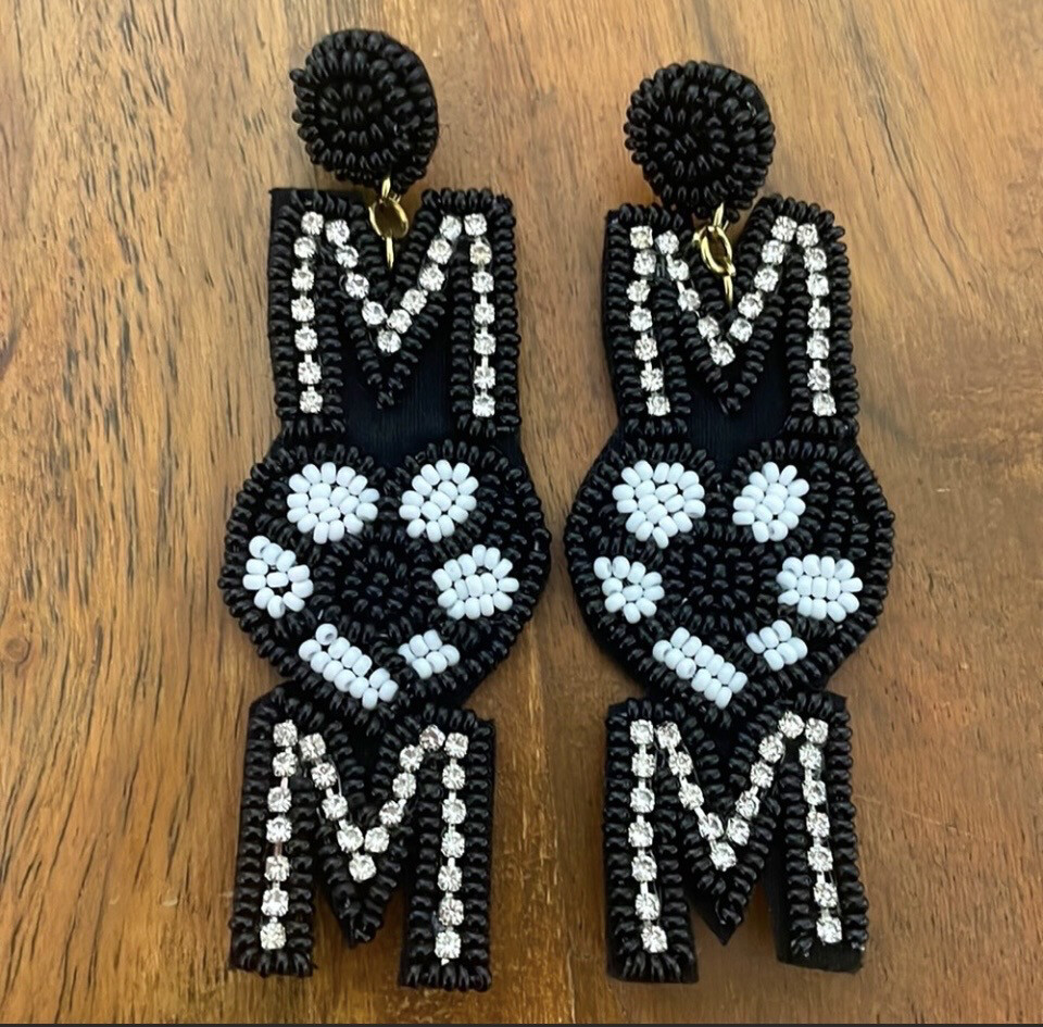 Black White Beaded Rhinestone Soccer MOM Earrings