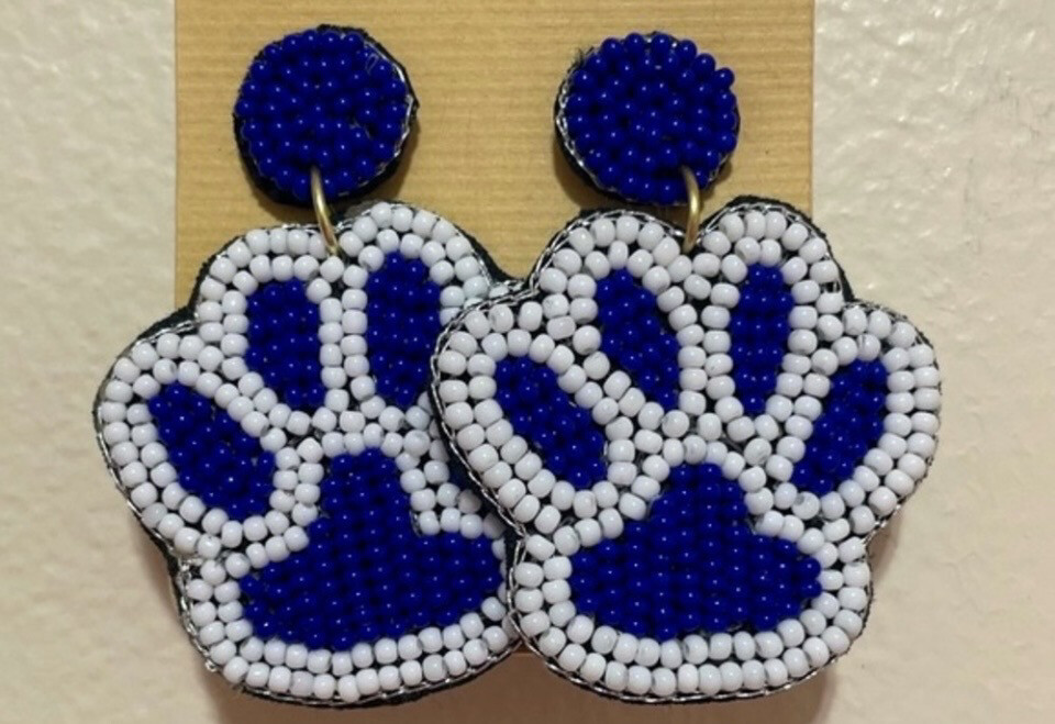 Blue and White Paw Print Beaded Earrings