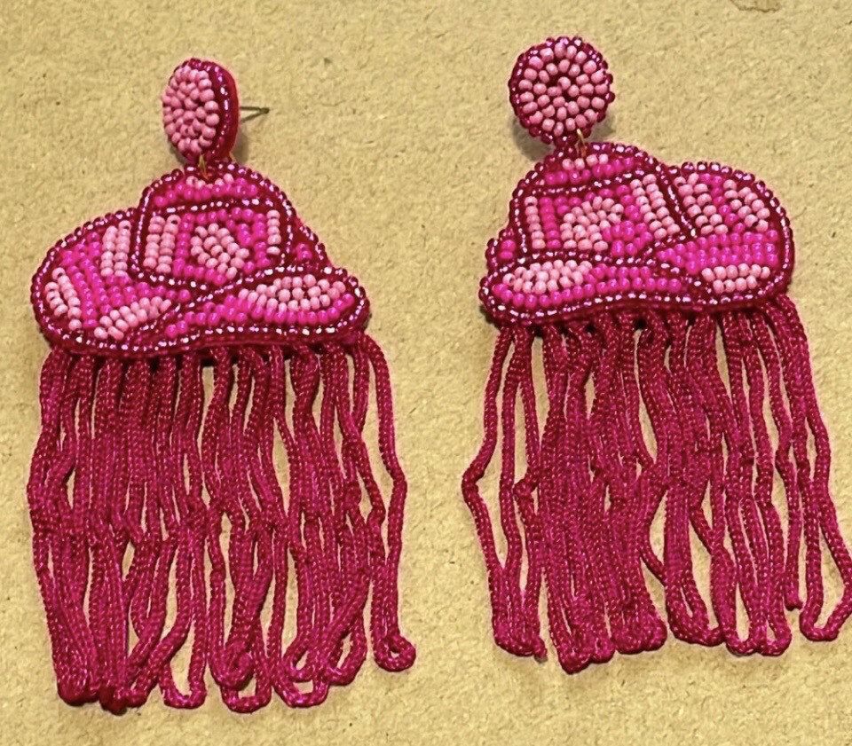 Merill Pink Fuchsia Cowgirl Hat Beaded Fringe Earrings