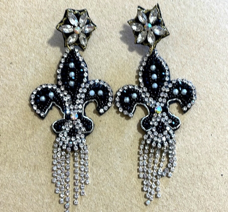 Libby Long Beaded Rhinestone Crystal Fleur de Lis  Beaded Earrings