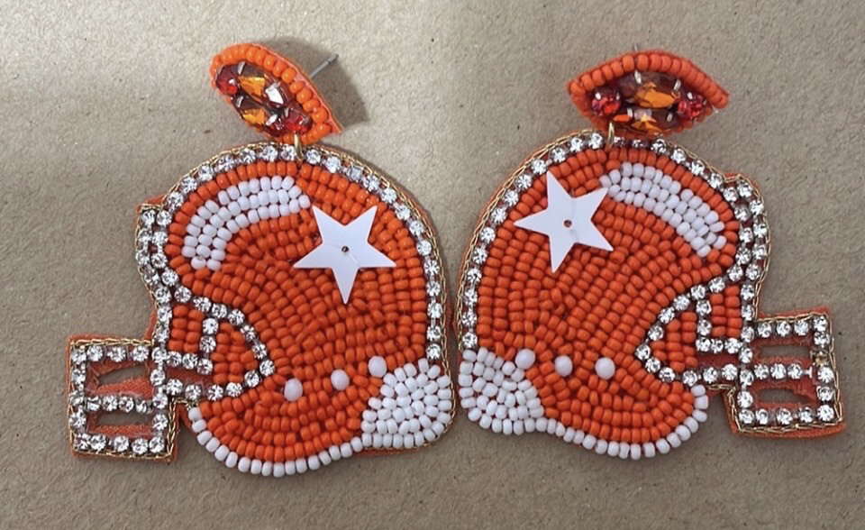 Ellie Orange White Crystal Beaded Helmet Earrings Game Day