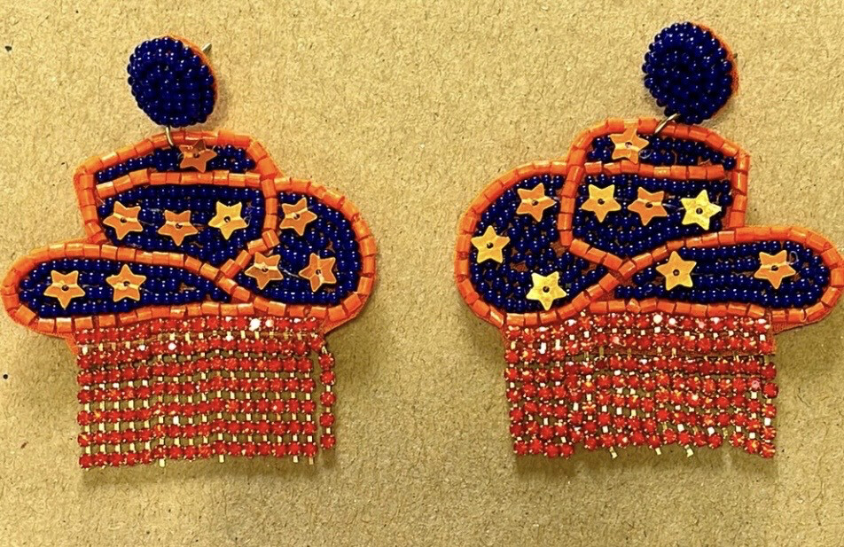 McKenna Orange Blue Hat Fringe Beaded Earrings Game Day