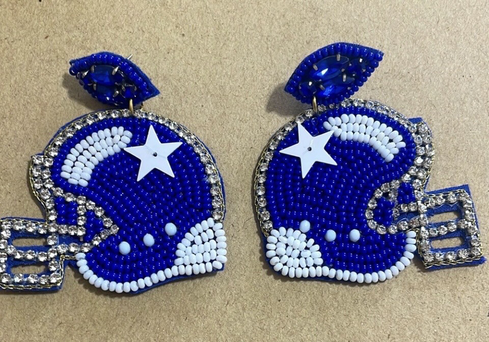 Ellie Blue White Crystal Helmet Beaded Earrings Game Day