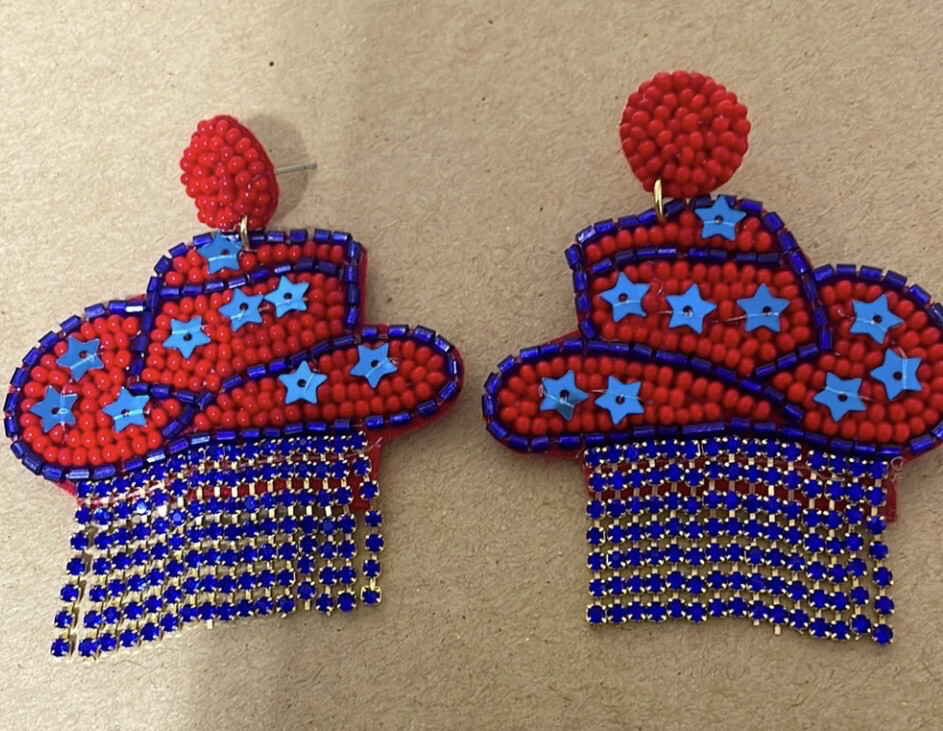 McKenna Red Blue Hat Fringe Beaded Earrings Game Day Ole Miss