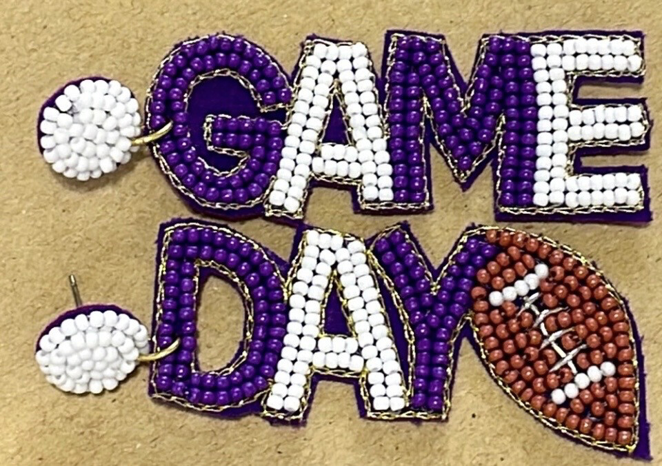 Game Day Football Purple White  Beaded Earrings TCU