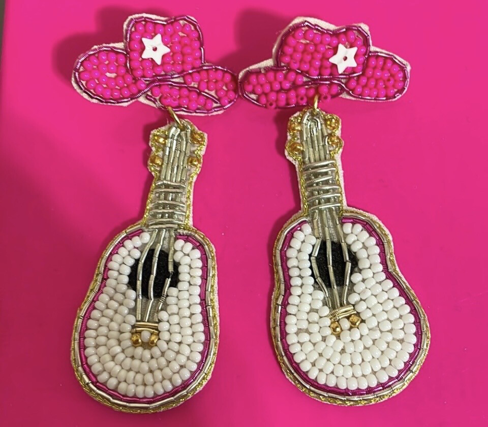 Guitar Cowgirl Hat Beaded Earrings