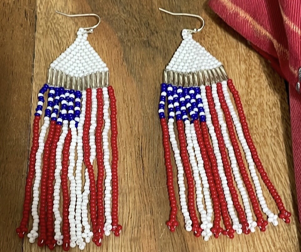 Patriotic Red White Blue Flag Fringe Beaded Earrings