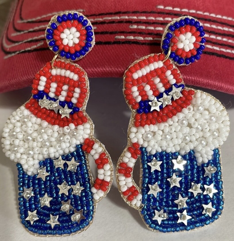 Patriotic Red White Blue Beaded Mug Earrings