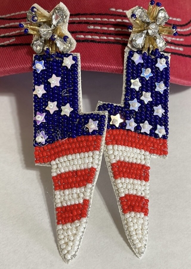 Patriotic Red White Blue Beaded Crystal Lightning Bolt Earrings