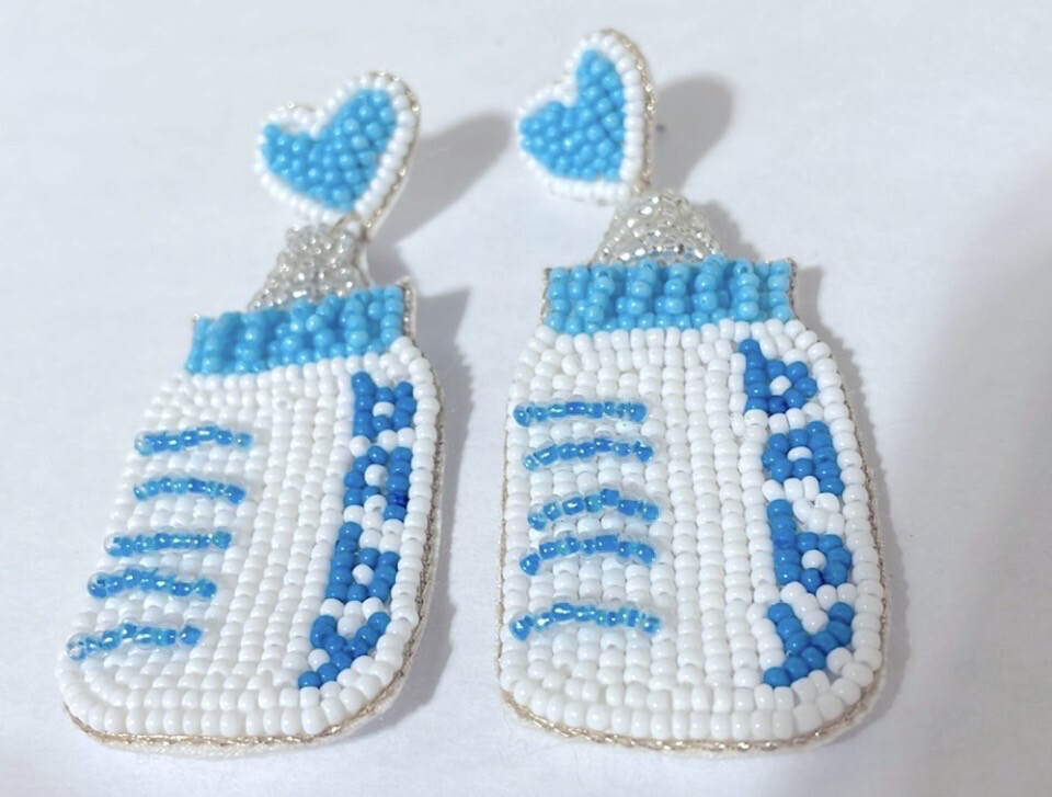 Baby Shower Blue White Bottle Beaded Earrings