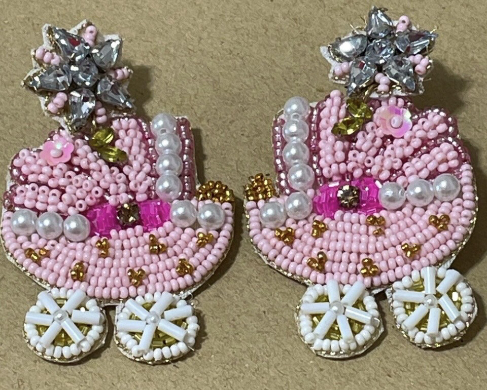 Pink White Beaded Crystal Baby Carriage Earrings