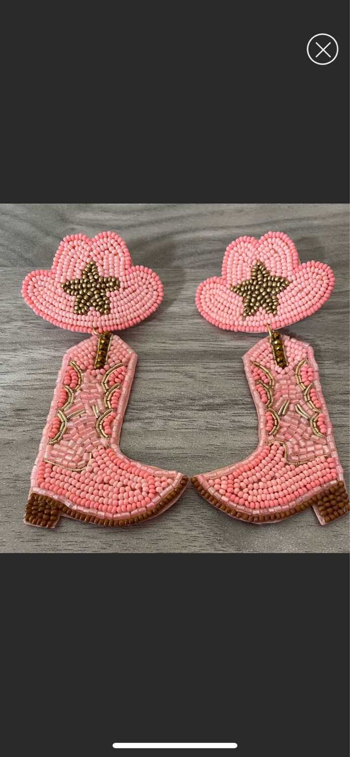 Pink Cowgirl Boot Hat Beaded Earrings