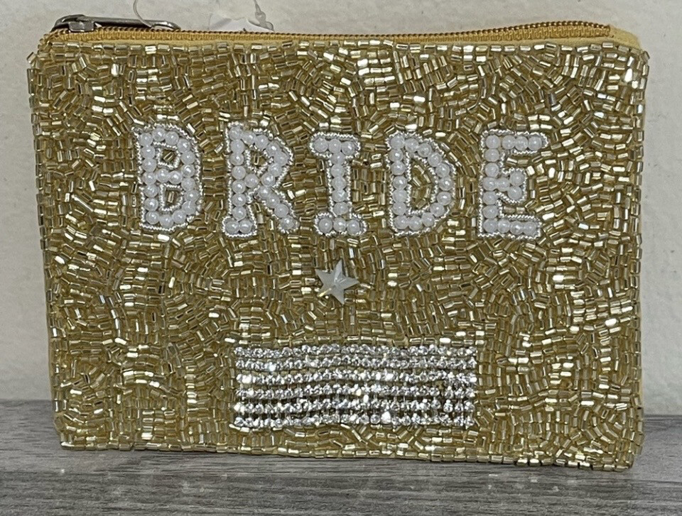 Gold Beaded Rhinestone Bride Zip Closure Case Pouch