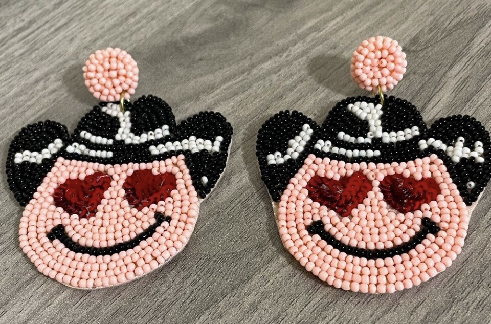 Pink Cow Print Heart Smiley Beaded Earrings