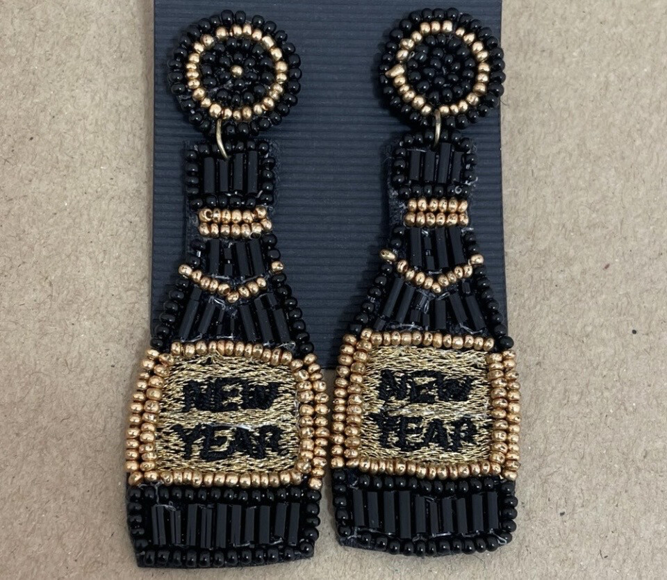 Black Gold New Year Bottle Beaded Earrings