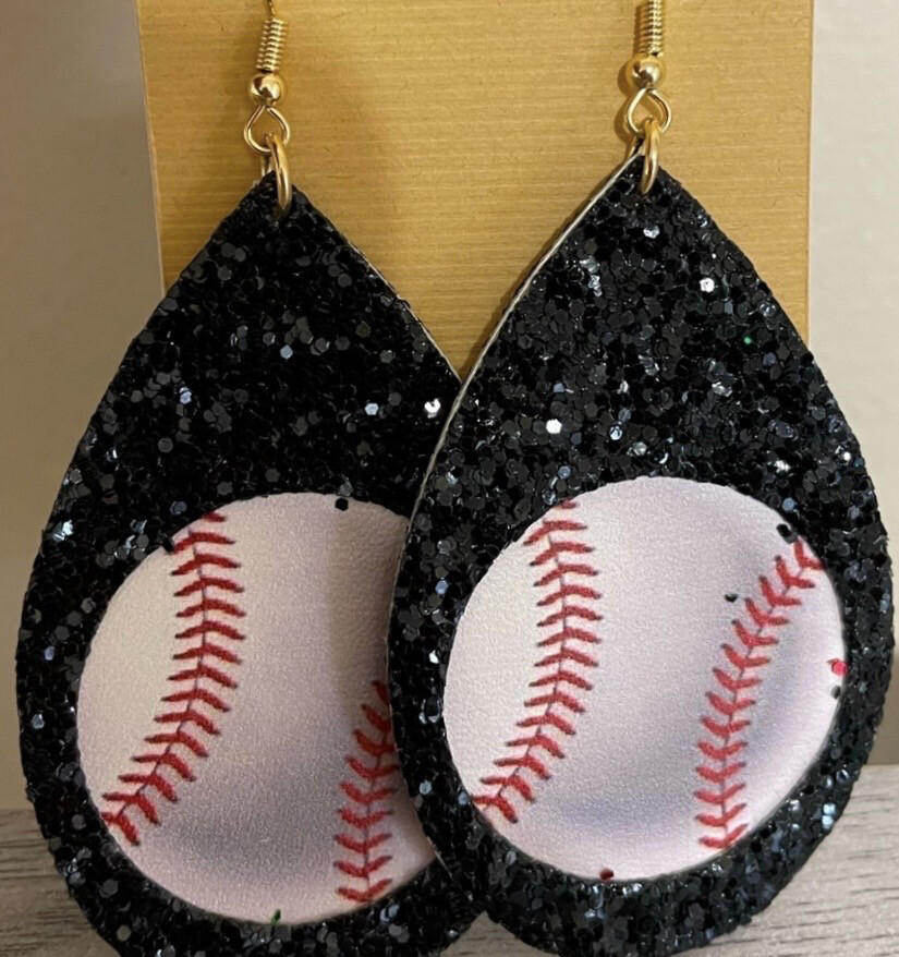 Black Glitter Baseball Teardrop Earrings