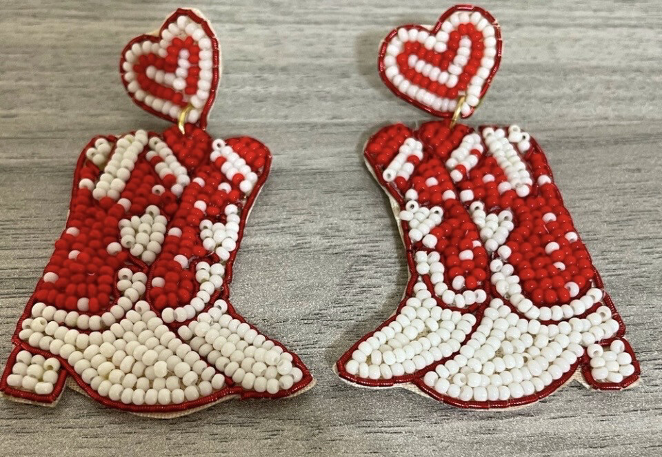 Red White Beaded Boot Earrings
