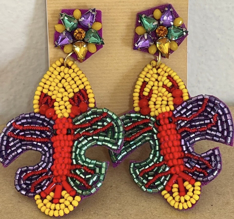 Multicolor Fleur de Lis Crawfish Beaded Earrings