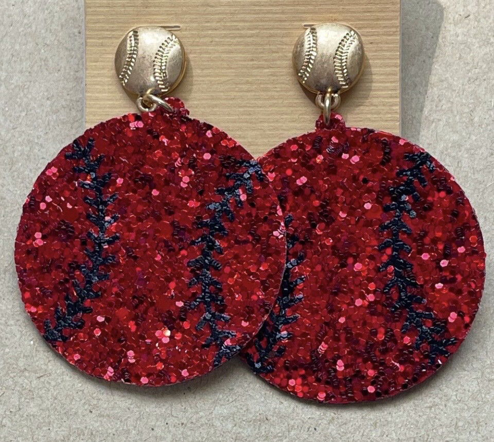 Red Black Glitter Baseball Earrings