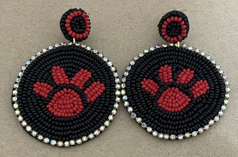 Red Black Paw Print Beaded Earrings Iridescent Crystals Georgia