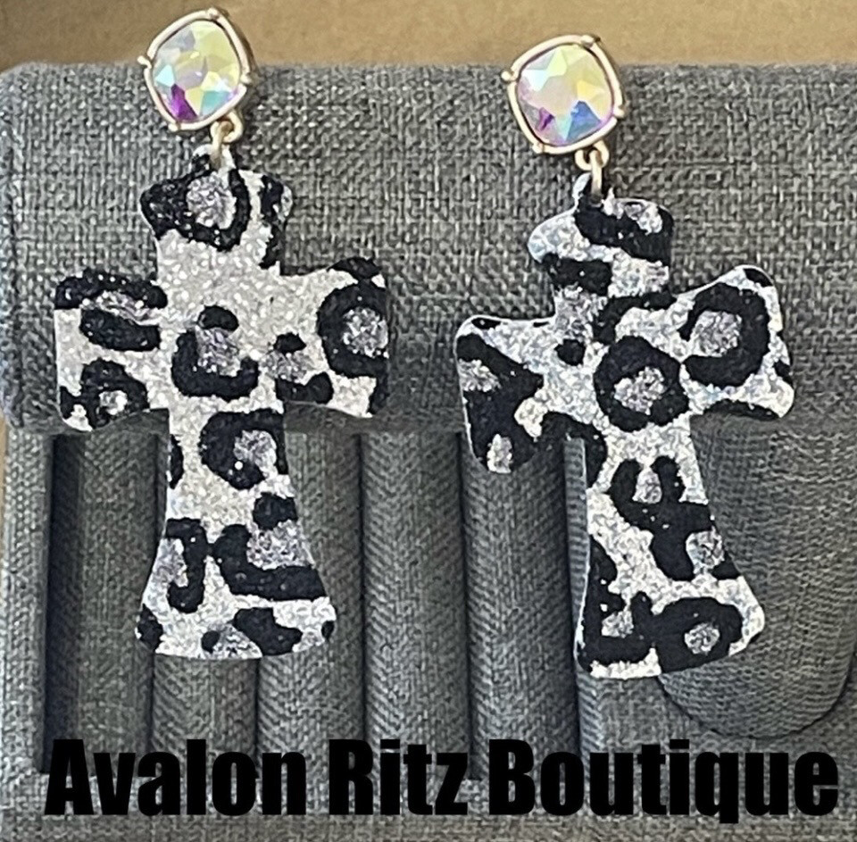 Silver Leopard Cross Iridescent Crystal Earrings