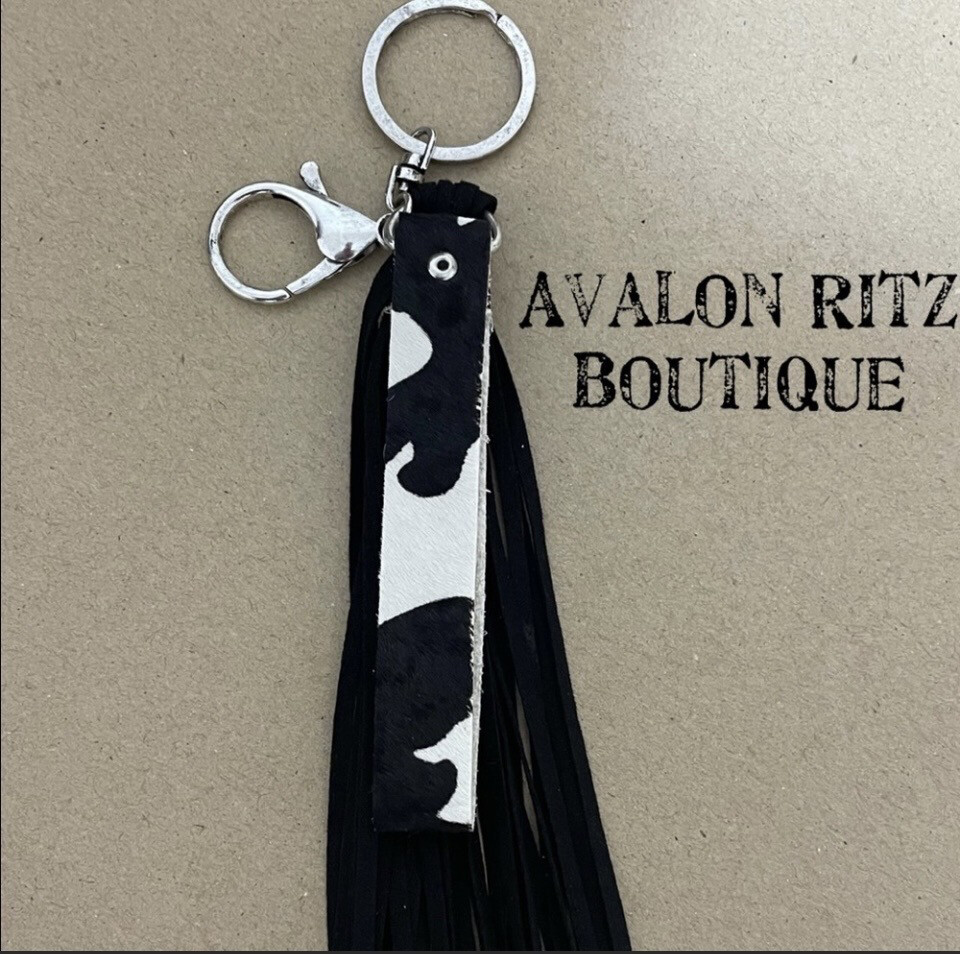 Leather Black Cow Print Keychain