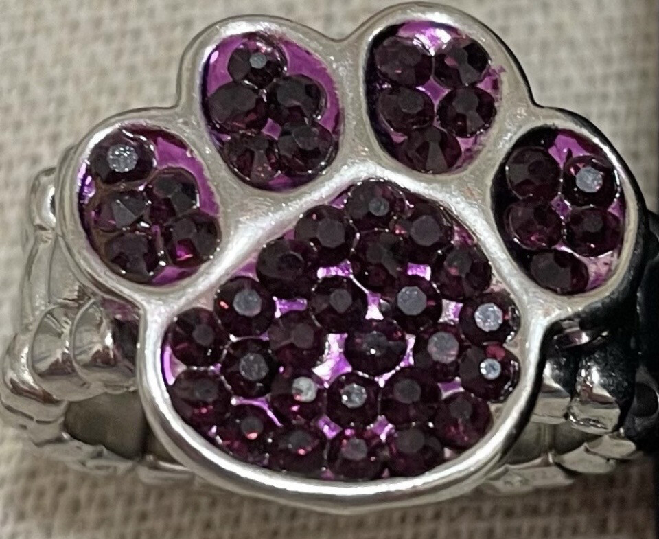 Purple Crystal Paw Print Stretch Ring LSU