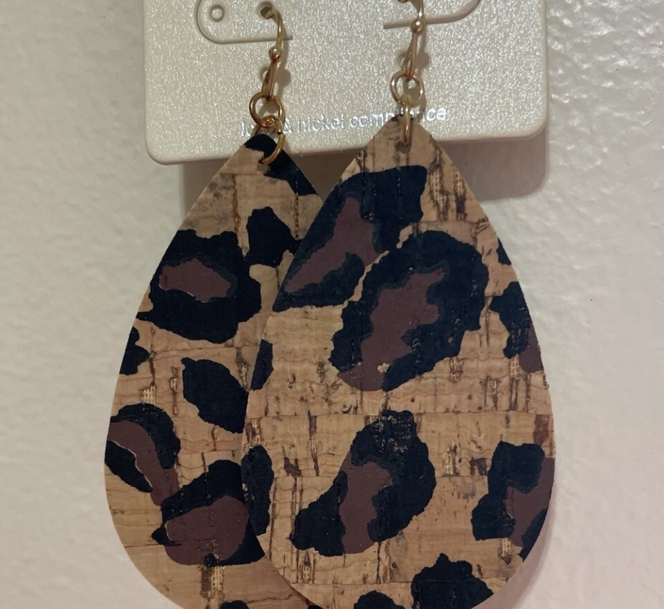 Leopard Wood Teardrop Earrings