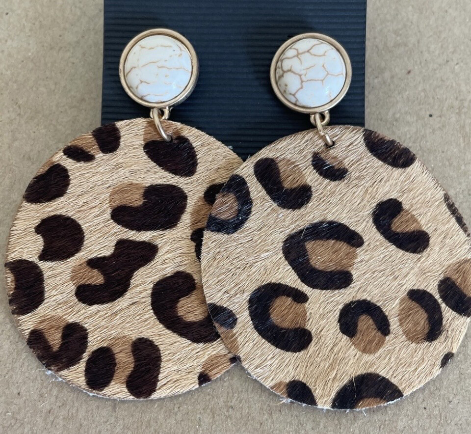 Round Leather Leopard Animal Print Earrings