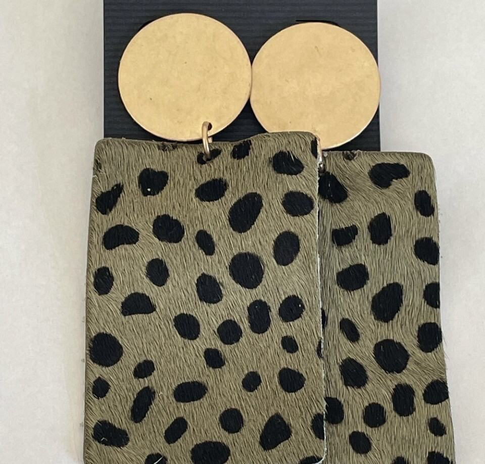 Gold Disc Green Leather Animal Print Earrings