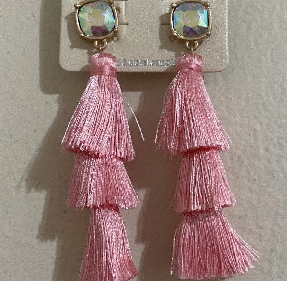 Pink Fringe Iridescent Crystal Earrings
