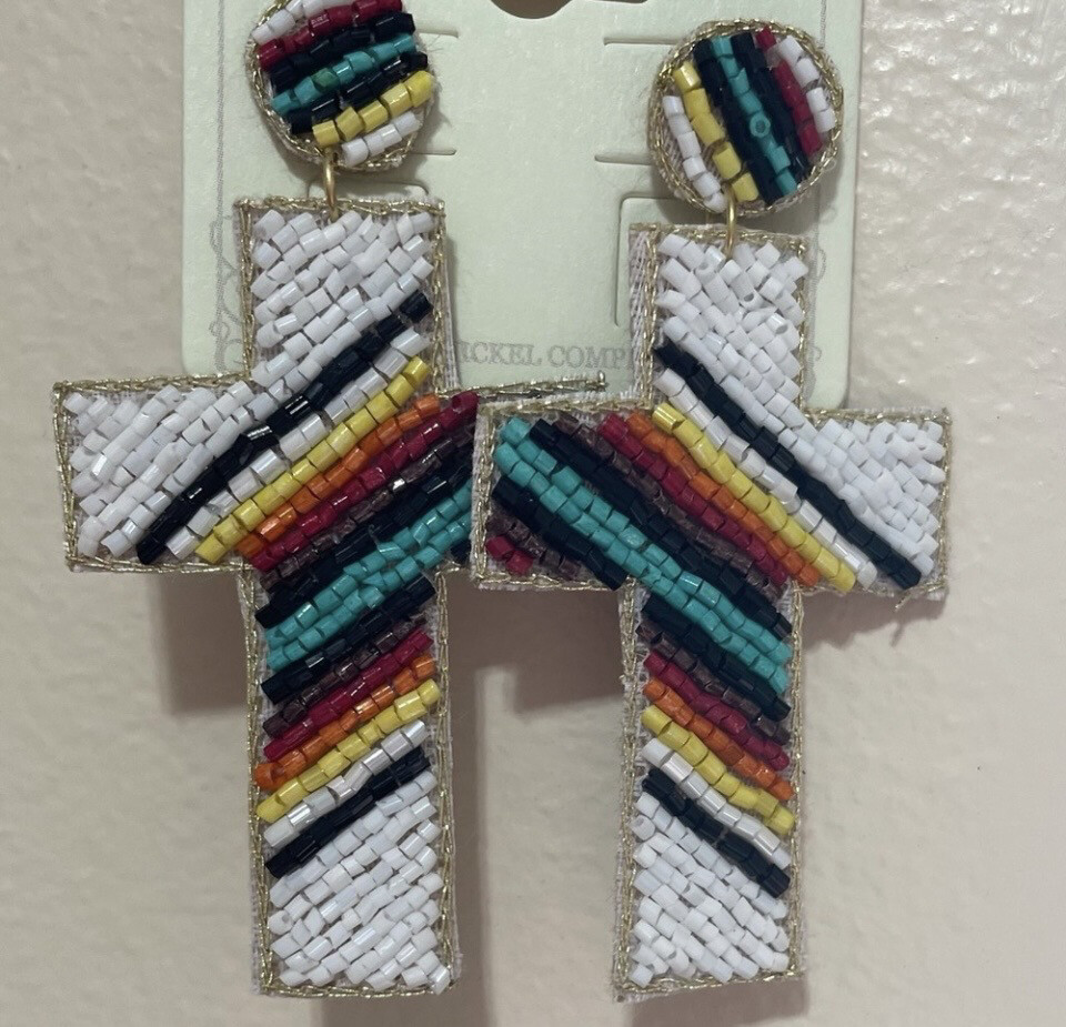 White Multicolor Cross Beaded Earrings