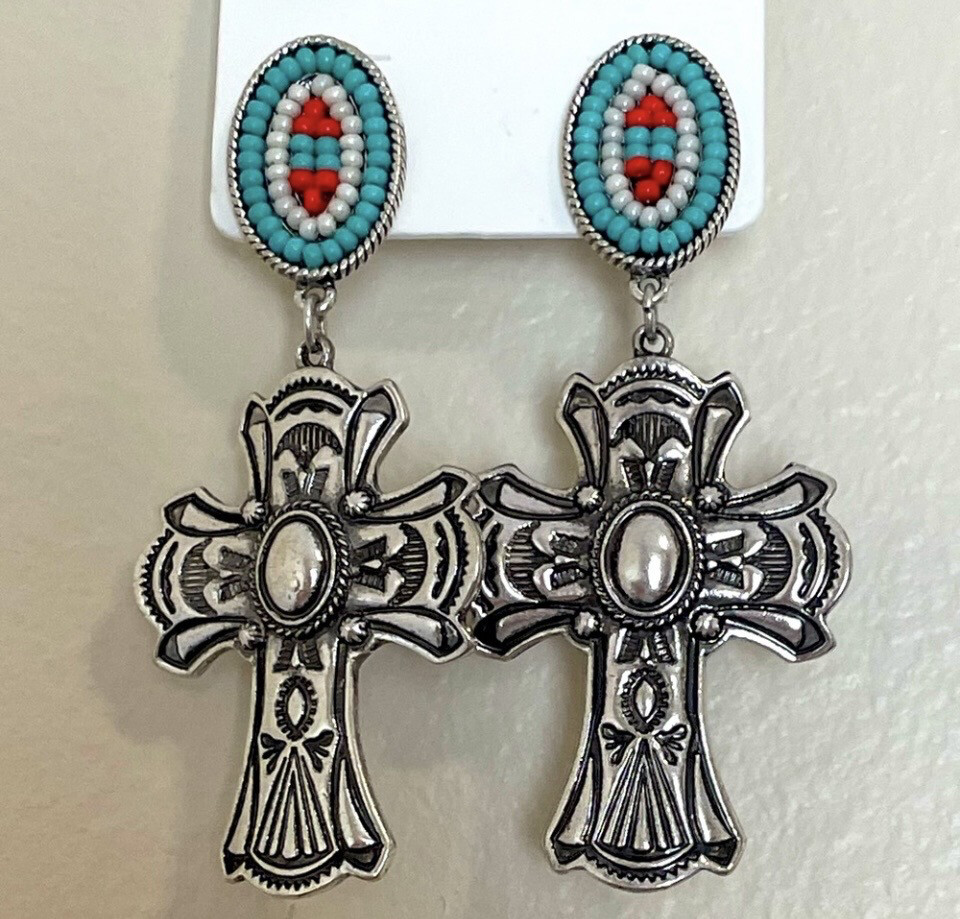 Angelina Silver Multicolor Beaded Cross Earrings