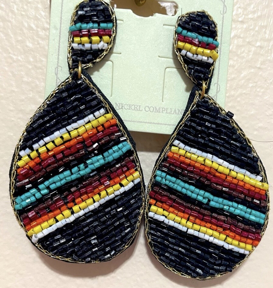 Black Multicolor Beaded Teardrop Earrings